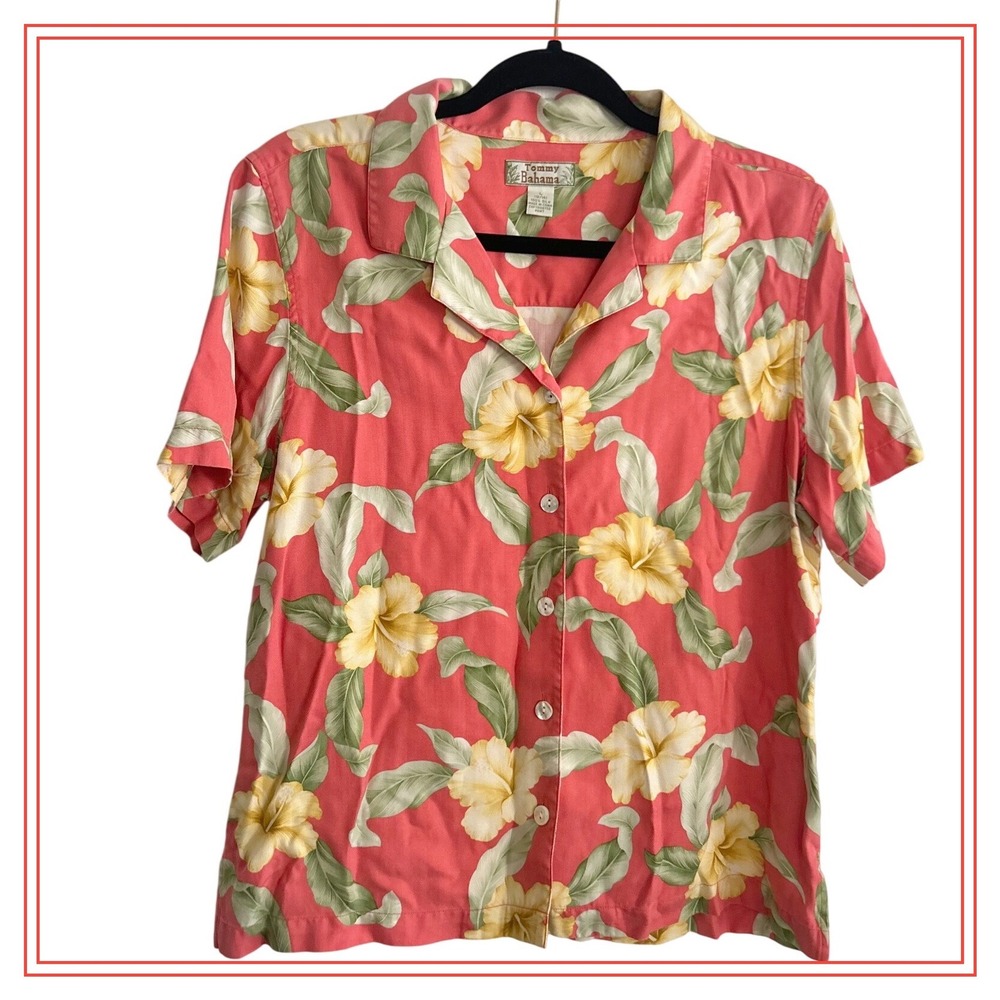 Tommy Bahama Womens L 100% Silk Tropical Hibiscus‎ Floral Camp Shirt Coral Pink
